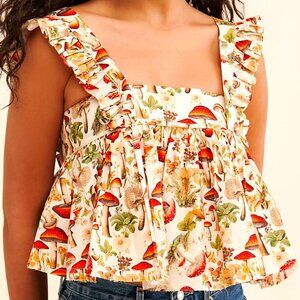 Selkie the ruffle apron top in “what a trip” mushroom print babydoll CUTE! MED
